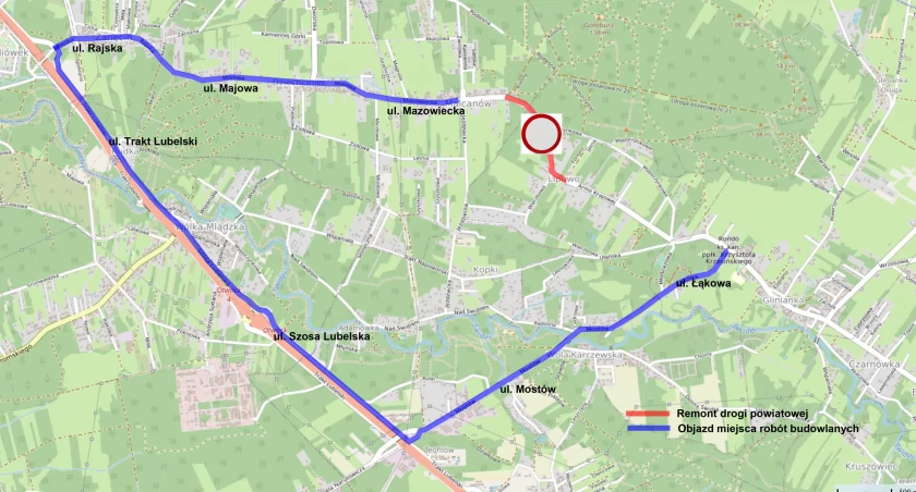 Mapa objazdu Malcanów - Lipowo. Źródło: powiat-otwocki.pl