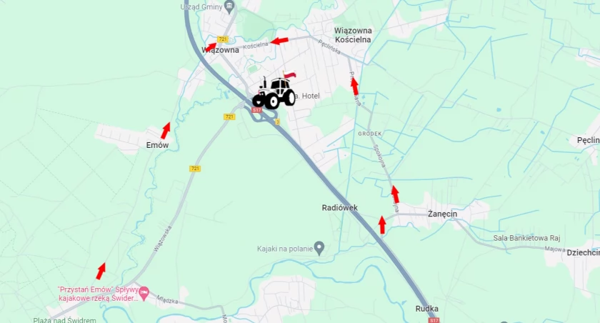 Proponowane trasy objazdów blokady na S17 w Wiązownie 