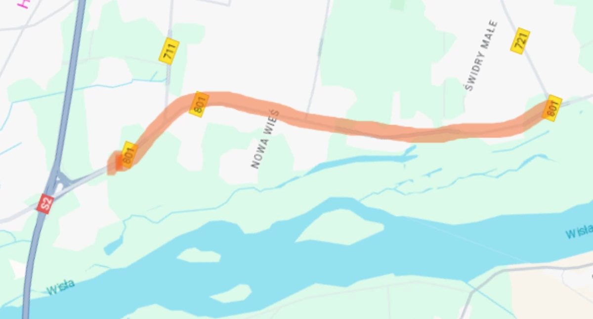Przygotowywana przebudowa ma dotyczyć zaznaczonego odcinka DW 801. 