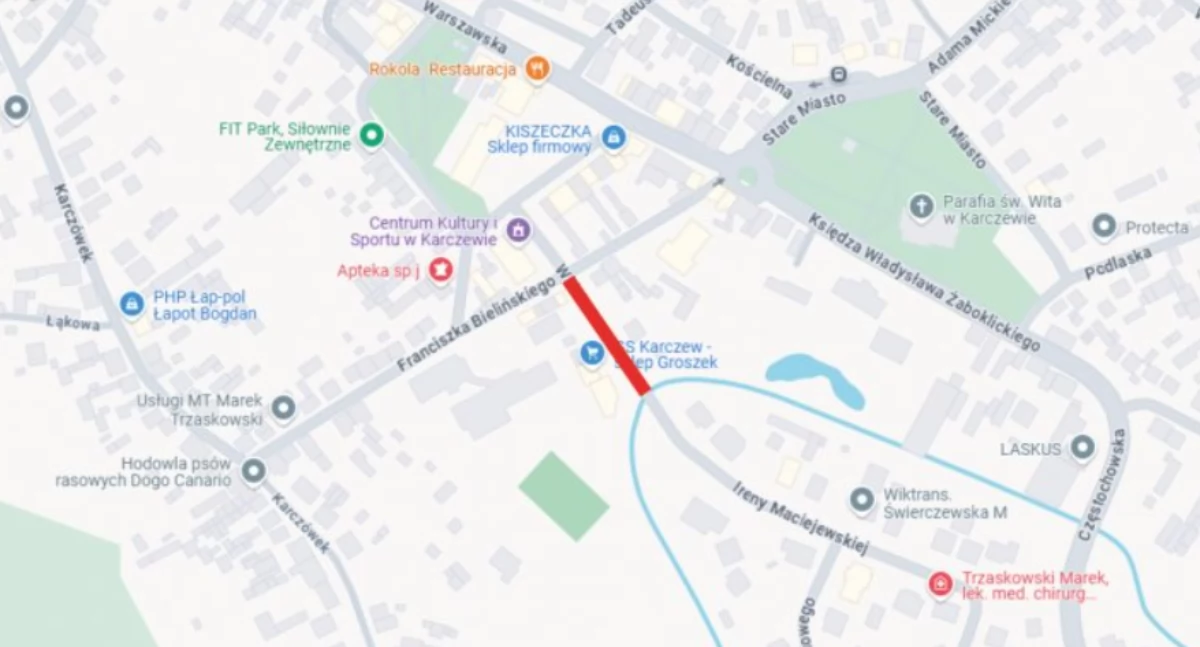 Mapa z zazanaczonym utrudnieniem. Źródło: UM Karczew
