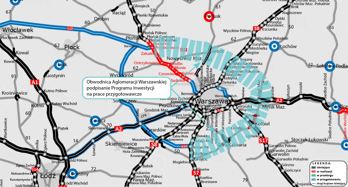 Mapa z zaznaczonym obszarem prac. Źródło: gov.pl/gddkia-warszawa