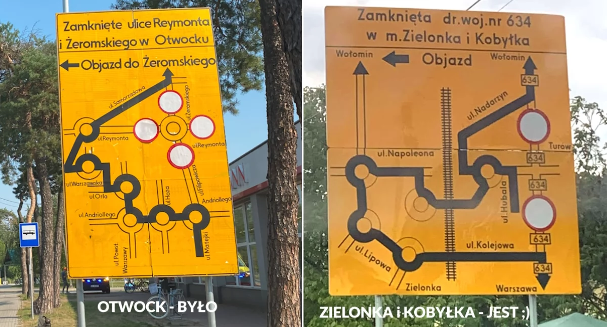 Znaki objazdu w Otwocku (2024- nieaktualny) i Zielonce (2025)