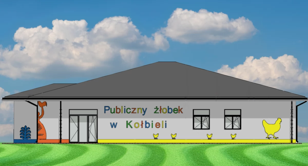 Tak ma wyglądać elewacja boczna, południowo-wschodnia żłobka w Kołbieli. Grafiki - źródło: UG Kołbiel