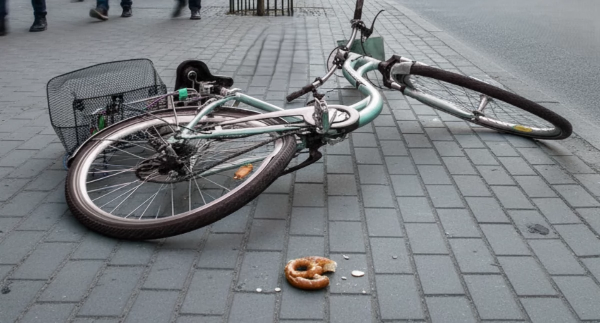 Przewrócony rower w wyniku zderzenia - zdjęcie ilustracyjne