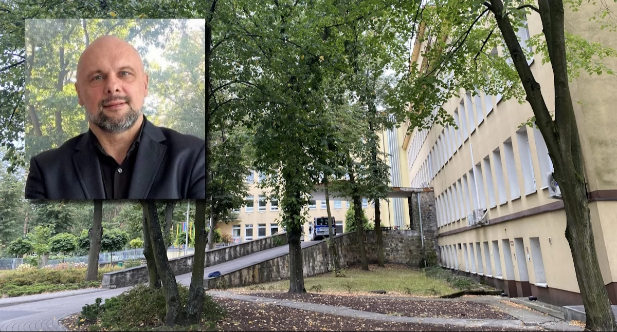 Damian Wrona (fot. PCZ Otwock) na tle szpitala powiatowego (fot. arch.)