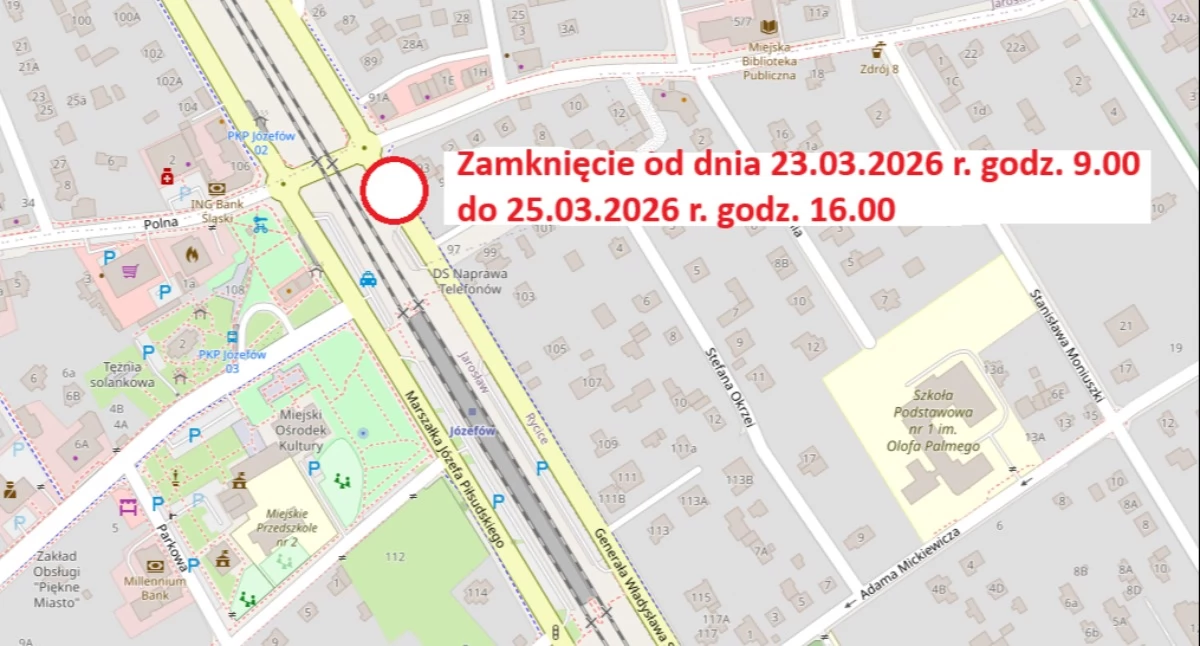Miejsce zamknięcia ul. Sikorskiego w Józefowie. Źródło: UM Józefów