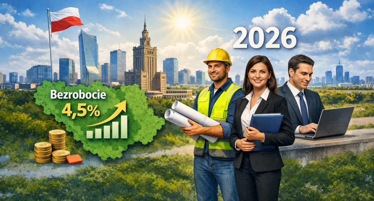 Zdjęcie przedstawia panoramę Warszawy z zaznaczonymi konturami województwa mazowieckiego i podanym wskaźnikiem bezrobocia w 2026 roku 