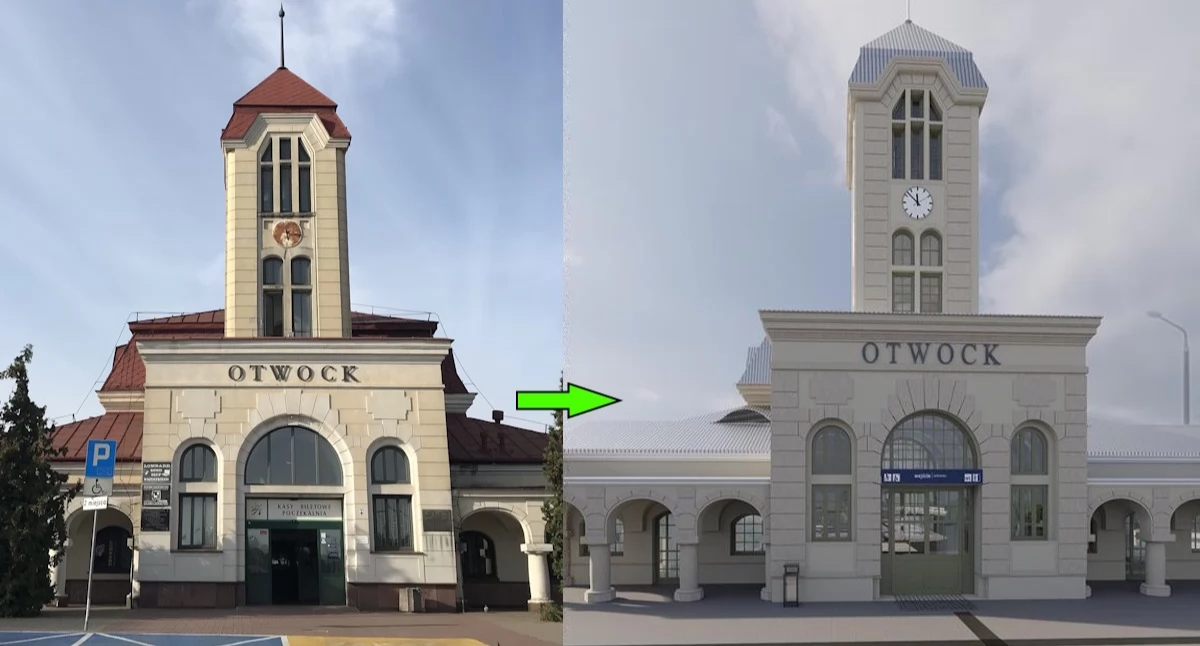 Budynek dworca PKP w Otwocku - wygląd przed i po modernizacji. Fot. archiwum/wizualizacja PKP SA