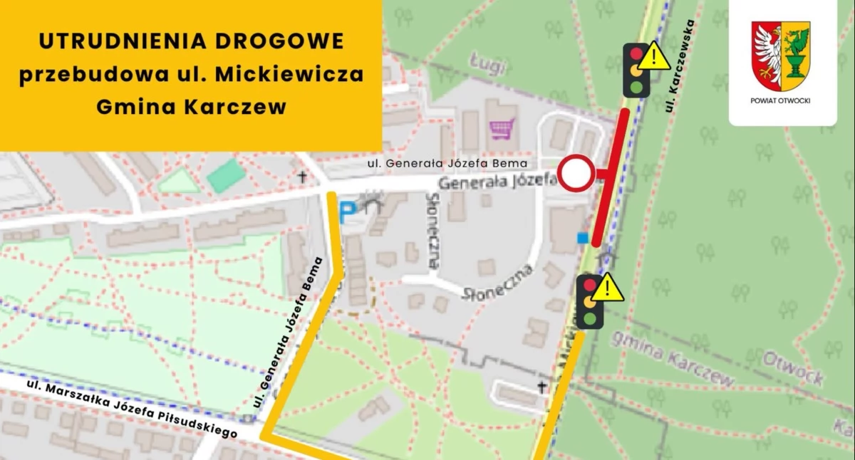 Mapa z zaznaczonym utrudnieniem. Źródło: powiat-otwocki.pl