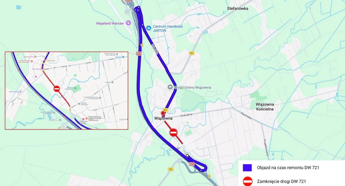 Zmiana organizacji ruchu na DW721 (ul. Lubelskiej) w Wiązownie. Mapa: MZDW w Warszawie