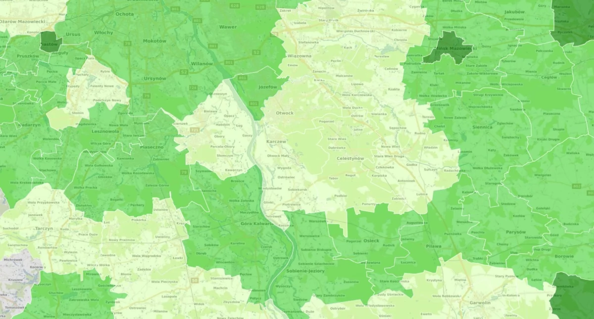 Tylko Józefów, Osieck i Sobienie-Jeziory mają projekty planów ogólnych, reszta gmin powiatu wciąż nad nimi pracuje. Źródło mapy: geoportal-krajowy.pl