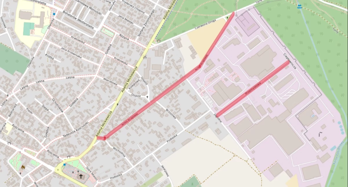 Ulice Armii Krajowej i Przemysłową w Karczewie wkrótce czeka modernizacja. Mapa - źródło: powiat-otwocki.geoportal2.pl